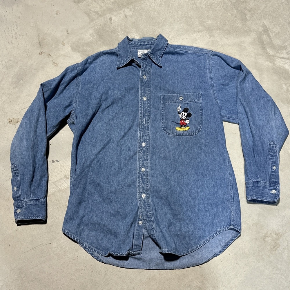 Vintage Disney Mickey Shirt SZ Small Denim Jean 90s Embroidered Pocket Button Up